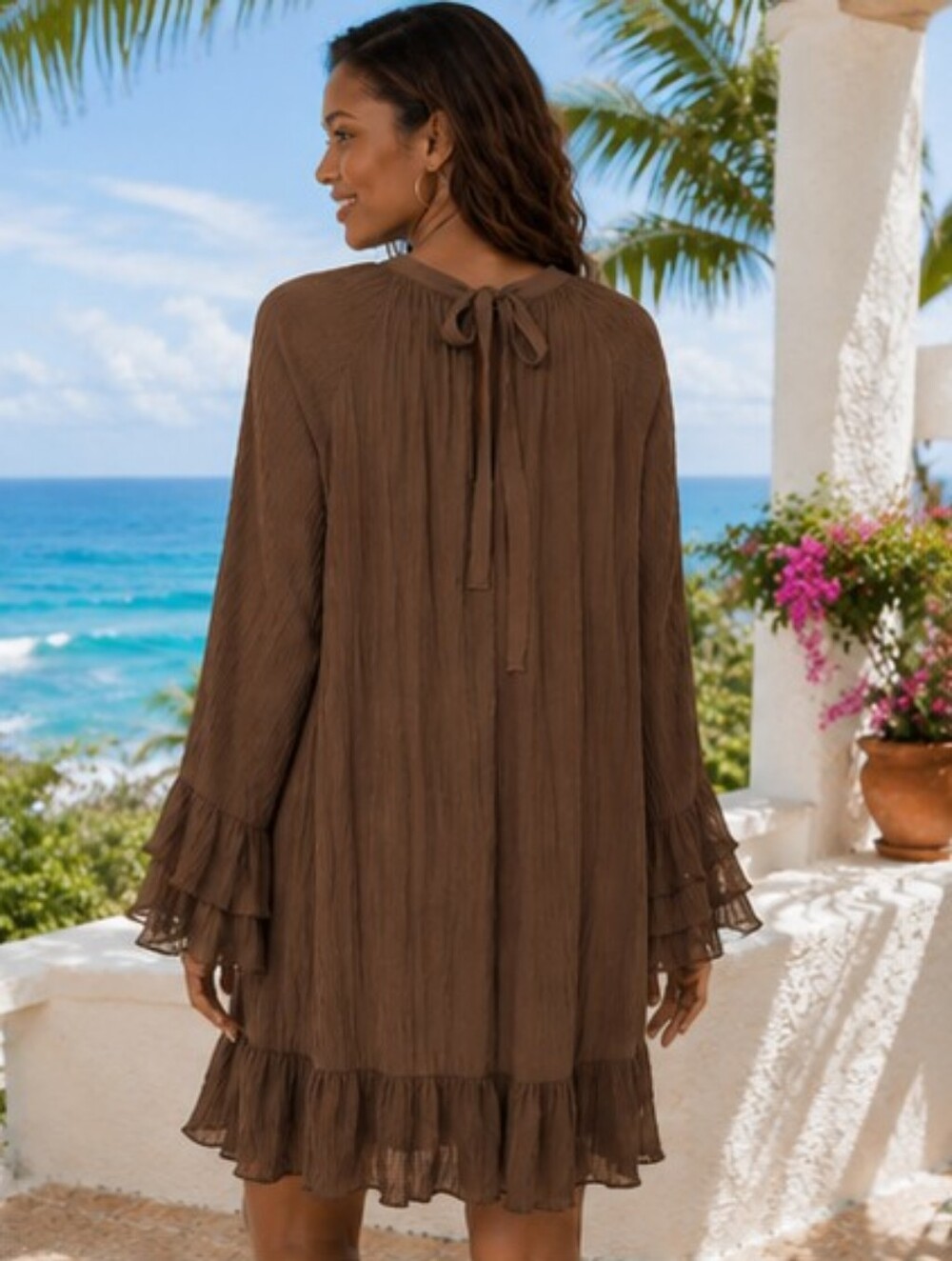 TIME AND TRU Women’s Brown Bell Sleeves Ruffle Hem Dress SIZE Medium NWT - Picture 4 of 8